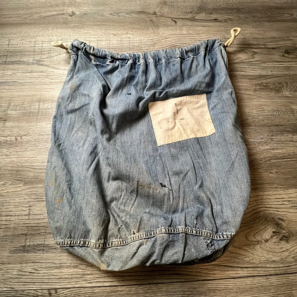 Vintage Denim Laundry Bag Military Surplus Light Blue Distressed ID Patch AE4